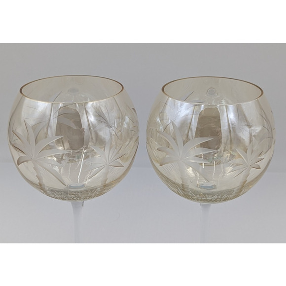 2 Royal Danube Etched Palm Tree Yellowish Luster Balloon Wine Glasses 9" Goblets - Picture 2 of 12